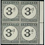 Grenada Postage Dues 1892 Watermark Crown CA 3d. black marginal block of four,