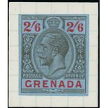 Grenada 1921-33 Watermark Script CA 2/6d. imperforate colour trial in black and carmine on blue,