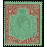 Leeward Islands 1938-51 10/- pale green and dull red on green, variety broken top right scroll, fr
