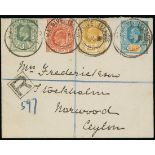 Maldive Islands 1908 (31 Oct.) envelope registered to Ceylon, bearing 2c., 3c., 25c. and 75c. with