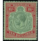 Bermuda 1922-24 Watermark Multiple Script CA 10/- green and red on pale emerald, variety broken cro