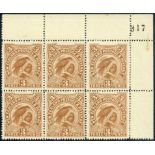 New Zealand 1898-1907 Pictorial Issue 1898 London Issue 3d. yellow-brown Huia block of six from the