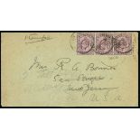 Maldive Islands 1908 (21 Sept.) envelope to New Jersey bearing unoverprinted Ceylon 5c. dull purpl