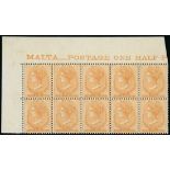 Malta 1860-81 CC ½d. pale orange-buff block of four with part original gum, good colour, some pape