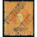 Grenada 1883 Revenue 1d. Orange Overprinted "postage" "postage" on half of 1d. orange unsevered pai