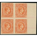 Jamaica 1951 ½d. orange imperforate plate proof marginal block of four on unwatermarked paper with