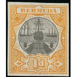 Bermuda 1902-03 Dock Issue One Penny Imperforate Colour Trials Black and yellow-orange on CA waterm