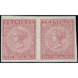 Trinidad 1869 5/- imperforate horizontal pair with good to very large margins,