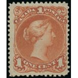 Canada 1868 Ottawa printing, thin paper 1c. red-brown unused without gum, centred to right, a frac