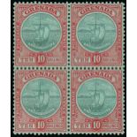 Grenada 1906-11 Badge of Colony 10/- green and red on green block of four,