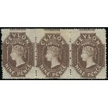 1861-64 Watermark Star Issue Rough perf 14 to 15½ 9d. deep brown horizontal strip of three, unused