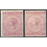 Trinidad 1884-94 5/- imperforate plate proofs (2) in issued colour on gummed watermarked paper;