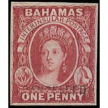 Bahamas 1863-77 Watermark Crown CC Issue Imperforate Plate Proofs 1d. carmine-lake, handstamped "ca