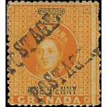 Grenada 1883 Revenue 1d. Orange Additionally Overprinted "postage" "postage" on half of 1d. orange
