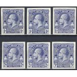 Turks and Caicos Islands 1928 ½d, 1d., 1½d., 2d., 2½d. and 3d, imperforate plate proofs in ultrama