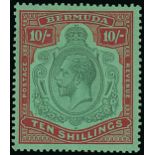 Bermuda 1922-24 Watermark Multiple Script CA 10/- green and red on deep emerald, variety broken cro