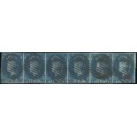 1857-59 White Paper, Watermark Star, Imperforate Issued Stamps 1d. deep turquoise-blue strip of six