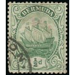 Bermuda 1910-25 MCA ½d. green, variety watermark inverted, part c.d.s., repaired lower right corne