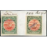 Grenada Revenues 1903-04 Badge of Colony £1 green and red-orange, two examples affixed to piece of
