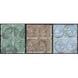 New Zealand 1874-78 perf. 12½ 1/- green, perf. 10x12½ 3d. brown, 1878 perf. 12x11½ 6d. blue,