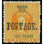 Grenada 1883 Revenue Stamp Additionally Overprinted "POSTAGE" 1d. orange, variety inverted "S" in "