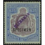 Malaya Straits Settlements 1906-12 MCA $25 purple and blue on blue overprinted "specimen"