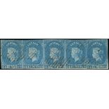 1857-59 White Paper, Watermark Star, Imperforate Issued Stamps 1d. light blue strip of five with ma