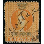 Grenada 1883 Revenue Stamp Additionally Overprinted "POSTAGE" Manuscript "Postage"; 1d. orange