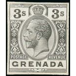 Grenada 1921-33 Watermark Script CA 3/- stamp-size working die proof of the head and value tablets