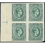 Jamaica 1938 ½d. blue-green imperforate plate proof marginal block of four on gummed watermarked p