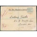 Zululand 1894-96 Keyplate Issue 1898 (6 Apr.) OHMS envelope registered from Eshowe to London,