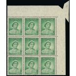 Australia 1937-49 Definitive Issue, Perf. 13½x14 or 14x13½ 1d. emerald-green top right corner block