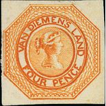 Tasmania 1853-54 4d. yellowish orange Plate II with clear to good margins, unused,