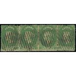 1861-64 Watermark Star Issue Rough perf 14 to 15½ 2d. green horizontal strip of four, each cancelle