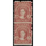 Bahamas 1862 (May) prepared though not issued, trial perf 11 to 12½ 1d. lake vertical pair, imperf