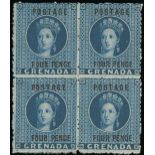 Grenada 1881 Revenue Stamps Surcharged 4d. blue block of four, part original gum.