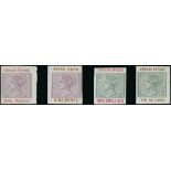 Grenada Revenues 1884 Key Plate Design 1d., 9d., 1/- and 10/- imperforate plate proofs,