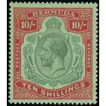 Bermuda 1922-24 Watermark Multiple Script CA 10/- green and red on pale emerald, variety break in l