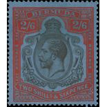 Bermuda 1922-24 Watermark Multiple Script CA 2/6d. black and bright-orange vermilion on deep blue,