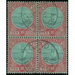 Grenada 1906-11 Badge of Colony 10/- green and red on green in a block of four, fine used