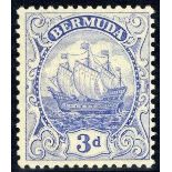 Bermuda 1922-24 Watermark Multiple Script CA 3d. ultramarine, variety watermark inverted, fresh and