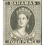 Bahamas 1861 4d. and 6d. imperforate plate proofs in black on card;