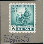 Iceland 1959 Jón Thorkelsson 2k. handpainted essay in blue-green and Chinese white on card, marked
