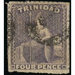 Trinidad 1859 (Sept.) pin-perf. 12½ 4d. dull purple with perforations at left and right,