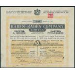 Baden-Baden Company Ltd. 50 Shares Warrant £1 each, 29.1.1909, #3010. Additionally four postcards o