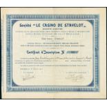 Le Casino de Stavelot. Certificat d'Inscription pour 2 Action F250, Stavelot, 1.2.1910, #24. VF.