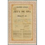 Jeux de Spa. Une Action Part 1/2400, 15.5.1859, #557. Includes a postcard of Spa Casino et Jeux and