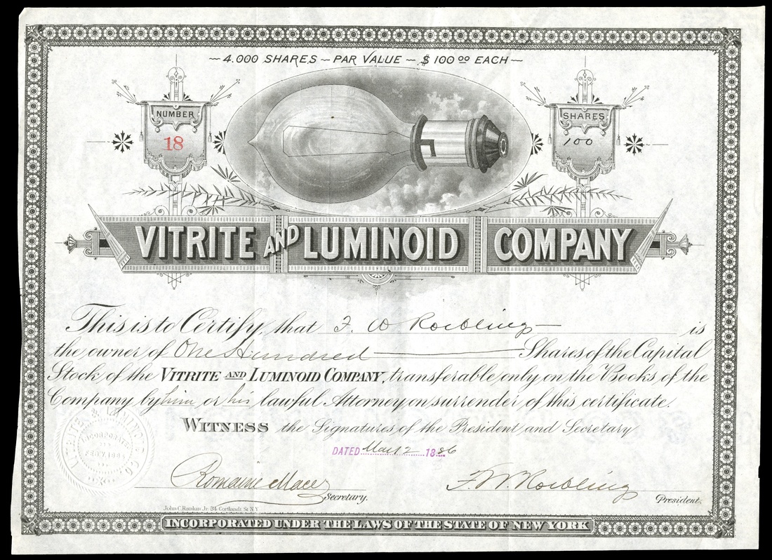 Vitrite & Luminoid Company (New York) 1886. 100 shares. No.18. Large light bulb at the center. Issu