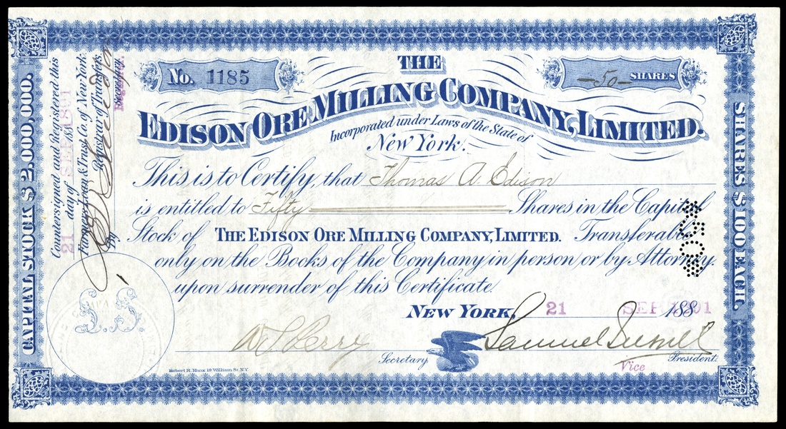 Edison Ore Milling Company (New York) 1881. 50 shares. No.1185. All blue. Small eagle at the bottom