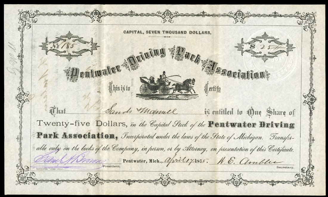 Pentwater Driving Park Association (Michigan) 1875. One share. No.185. Horse and carriage. VF+. Iss